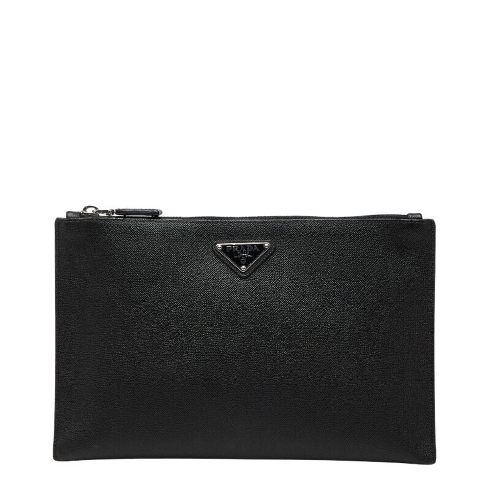 Prada Triangle Plate Clutch Bag Shoulder Pouch Clutch Black Saffiano Leather